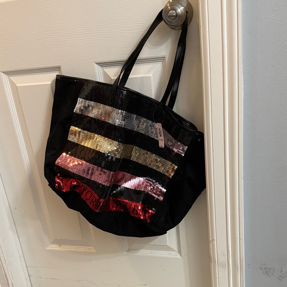 Victoria's Secret Black Tote with Sequin Stripes